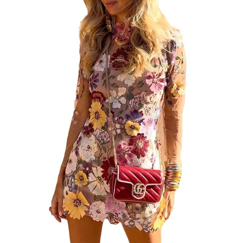 Annual Direct Sales European and American Three-dimensional Flower Mesh Lace Embroidered Hip-wrapped Slim-fitting Sexy Dress