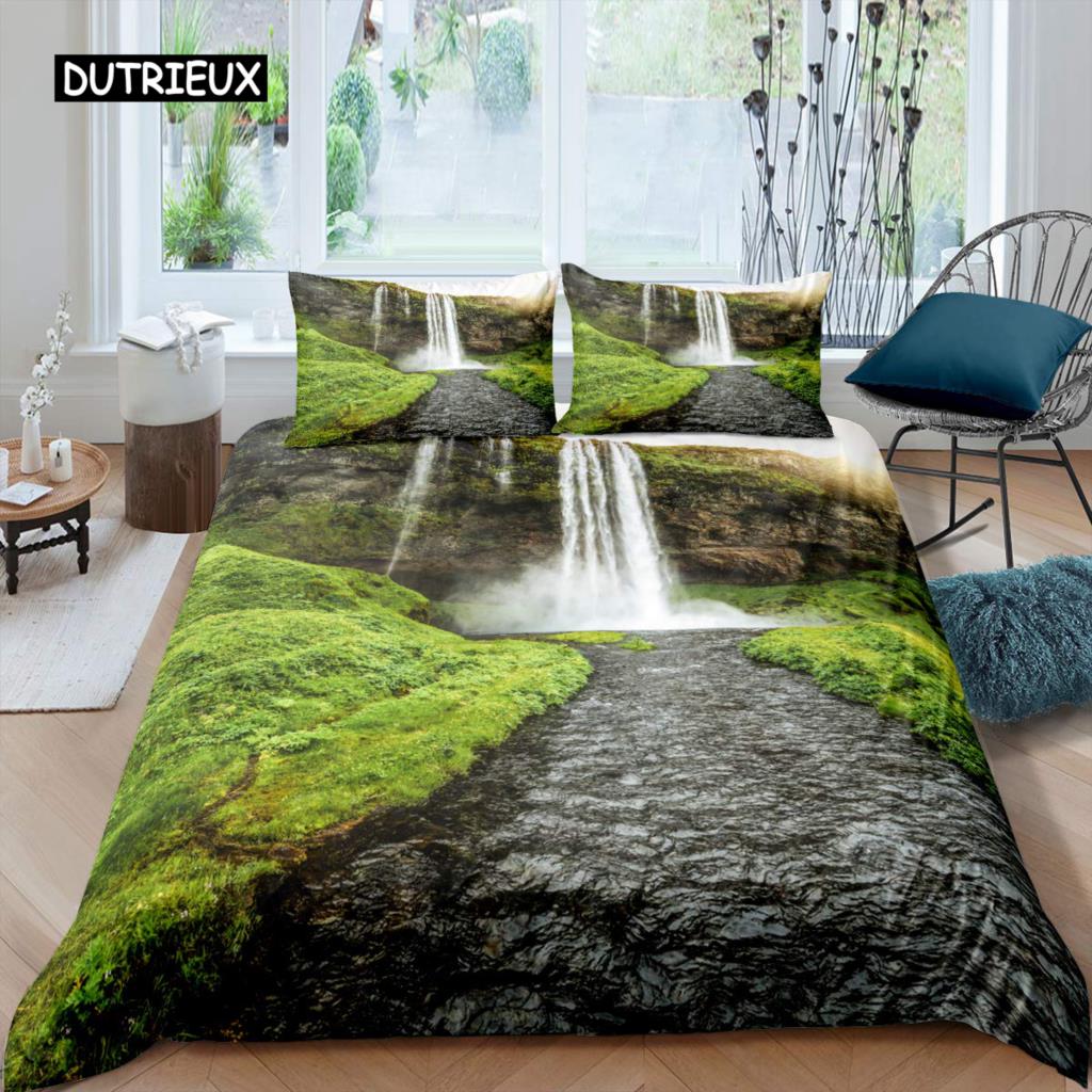 3D Waterfall Duvet Cover Set King Size Microfiber Botanical Floral Trees Pattern Bedding Set Purple Dream Theme Comforter Cover