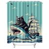 Whimsical Shower Curtain Featuring Black Cat Riding Shark Vintage Sailboat Perfect for Nautical Themed Bathrooms
