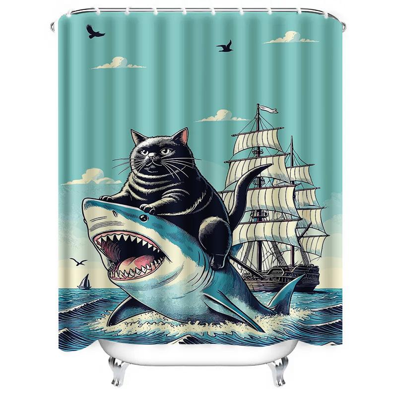 Whimsical Shower Curtain Featuring Black Cat Riding Shark Vintage Sailboat Perfect for Nautical Themed Bathrooms