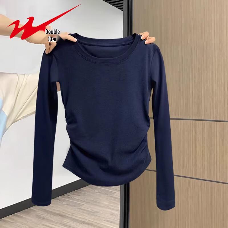 Shuangxing Women s Pleated Waist Slimming Crew Neck Long Sleeve T-Shirt XL