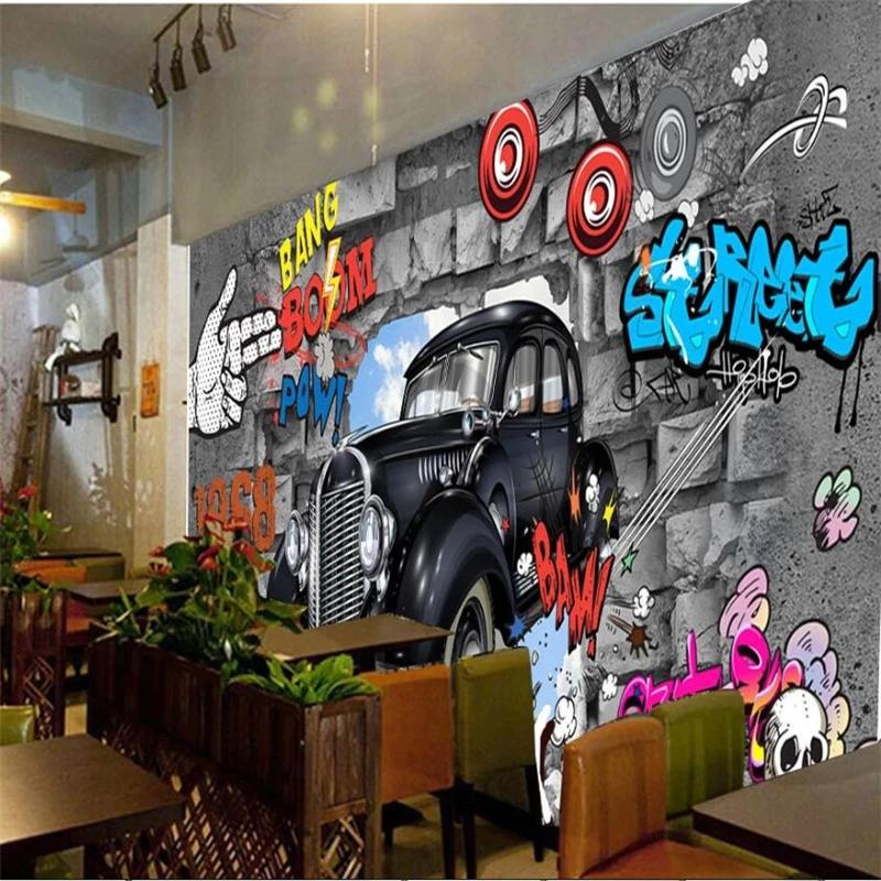 Large Wall Murals Retro European 3D Brick Wall Mural Car Graffiti Mural Wallpaper