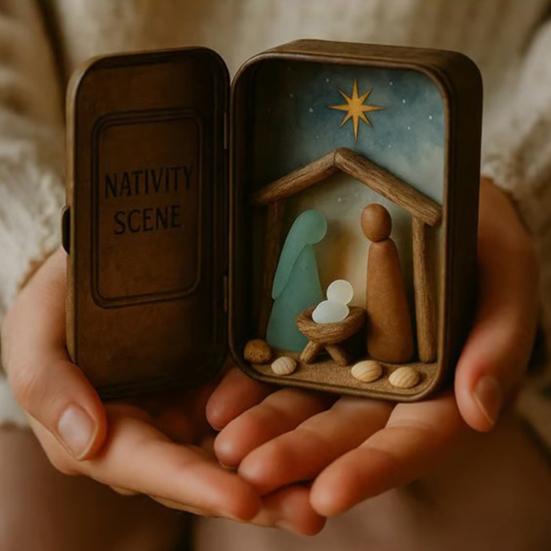 Coastal Nativity Scene Ornament Handcrafted Sea Glass Art Mini Nativity Scene In A Tin Collectible Holy Family Decoration Christian Gift for Ocean