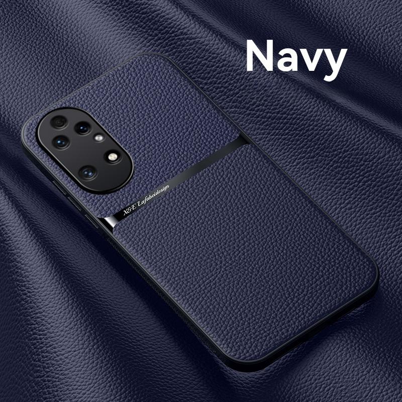 

For Huawei P50 Pro Case With Metal Plate Phone Case For Huawei P 50 P50Pro Luxury Leather Magnetic Holder Shockproof Back Cover For P50 Pro Темно-синій