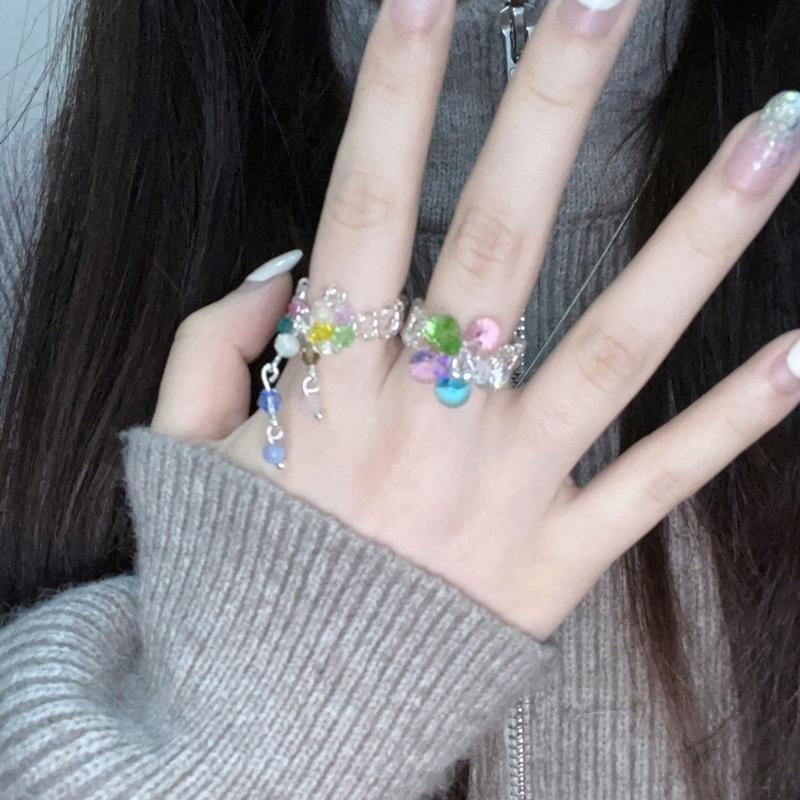 Fashionable Crystal Beaded Floral Rings Tassels Flower Rings Adjustable Finger Rings Jewelry Stylish Accessory for Women