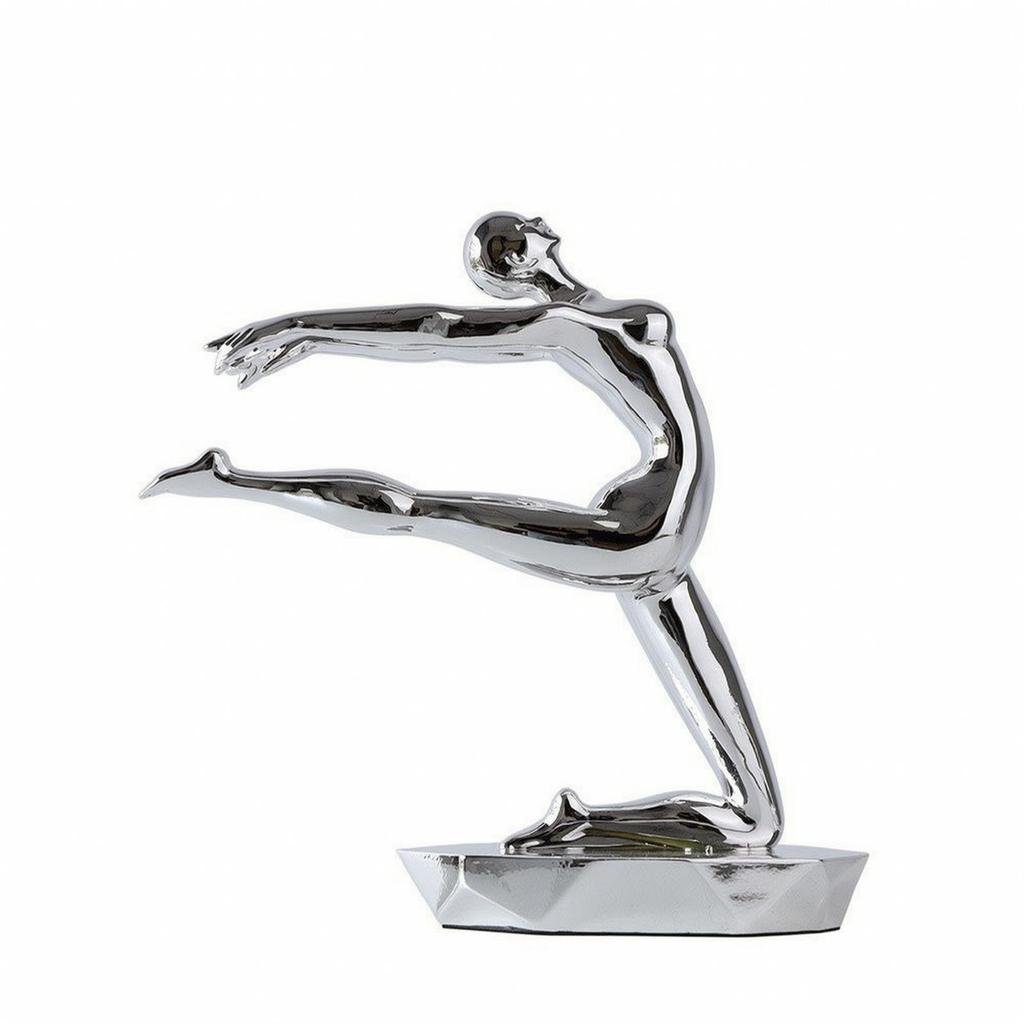 Silver Exercise Pose Figurine with Rectangular Base Glossy Resin Sculpture Artistic