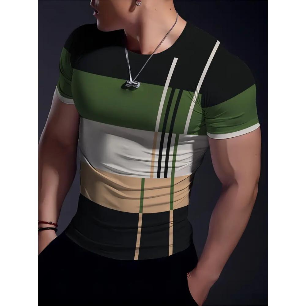 Simple Striped 3D Printed Men's Round Neck Short Sleeve Outdoor Casual Breathable Sweat Absorbent Men's Top Fashion And Fashion