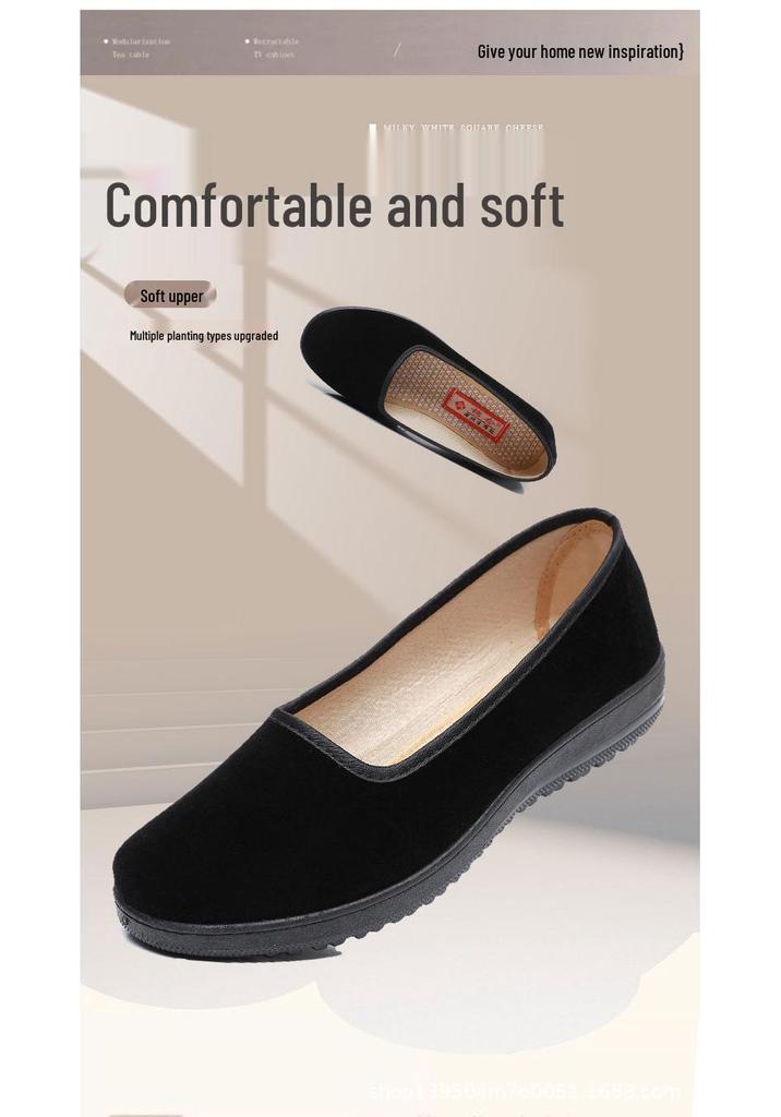 Women's Black Old Beijing Soft Sole Cloth Shoes - Flat, Non-slip, Shallow Mouth, Ideal for Work and Dance