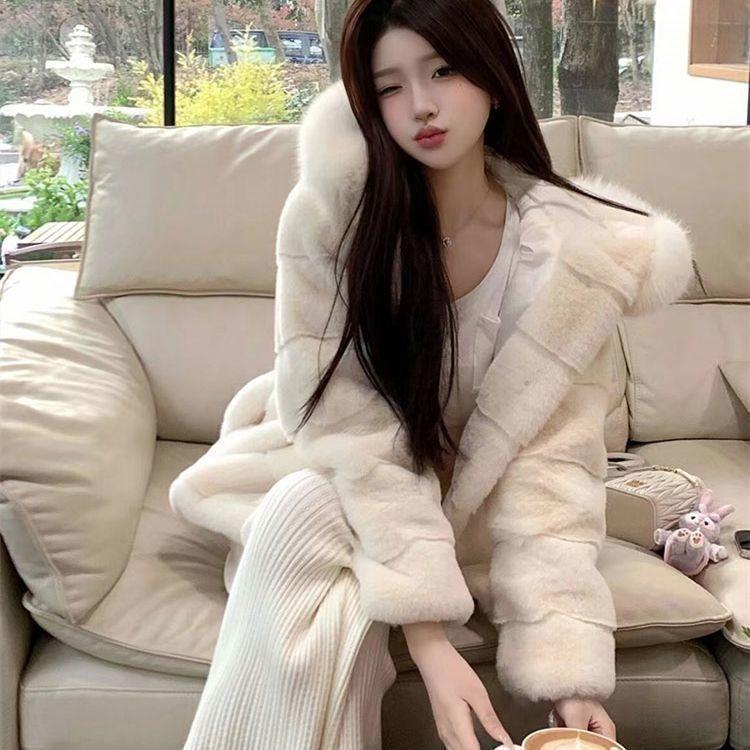 2025 Winter Eco-friendly Mid-length Hooded Faux Mink Velvet & Fox Fur Women's Coat