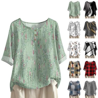 Women's Fashionable And Casual Shirt Half-sleeve Round Neck Print Cotton And Linen Blouse Top