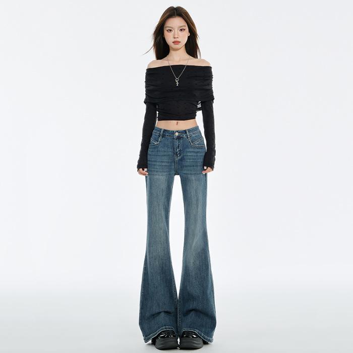 Simple style niche high waist thin elastic small man nine points micro pull women's jeans trousers lengthened Yichun