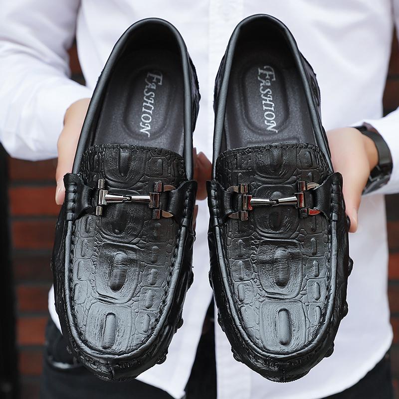 Fashion Men Casual Shoes Genuine Leather Crocodile Style Luxury Brand Mens Loafers Moccasins Slip on Black Driving Shoes Plus Size 38-47