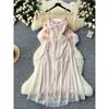 Fairy Holiday Dress Women's Three-Dimensional Flower Mesh Patchwork High Waist Slim Looking Elegant Vacation Dress Suspender Gauze Dress