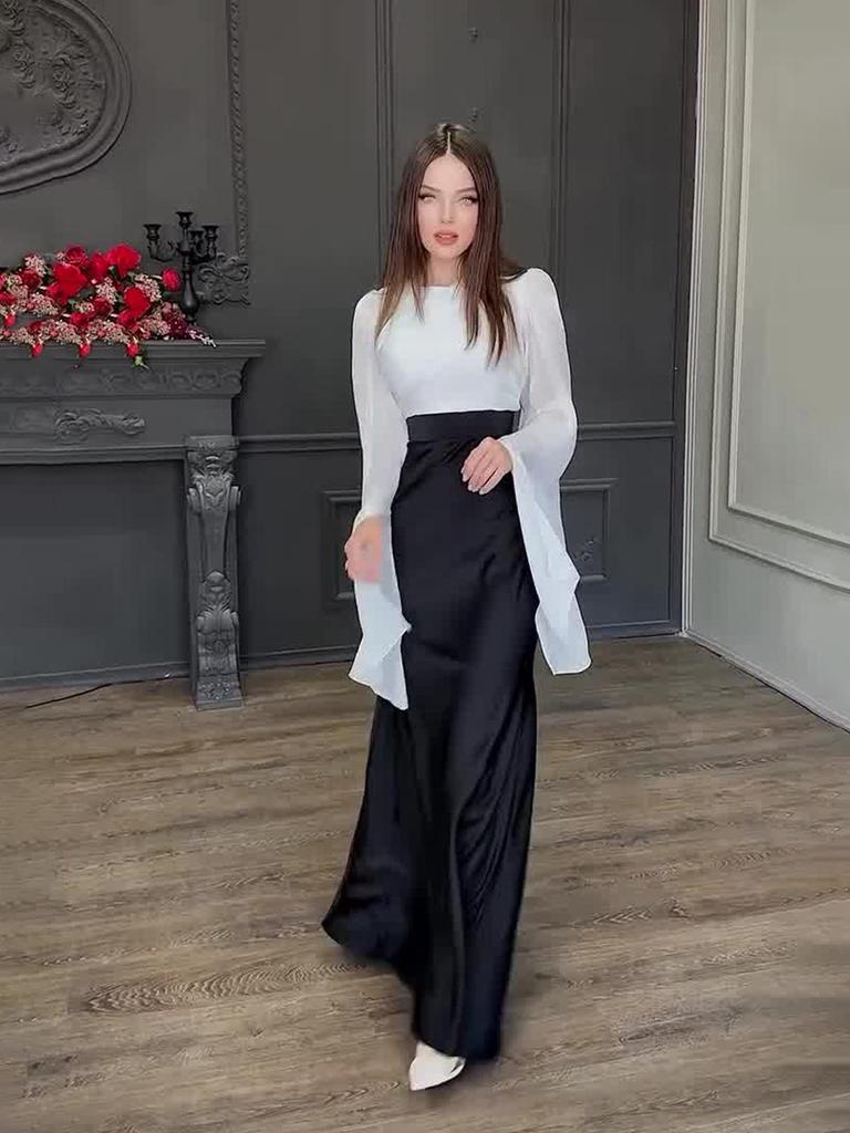 Europeisk og amerikansk 2024 høst organza sateng slim kjole med store svingermer