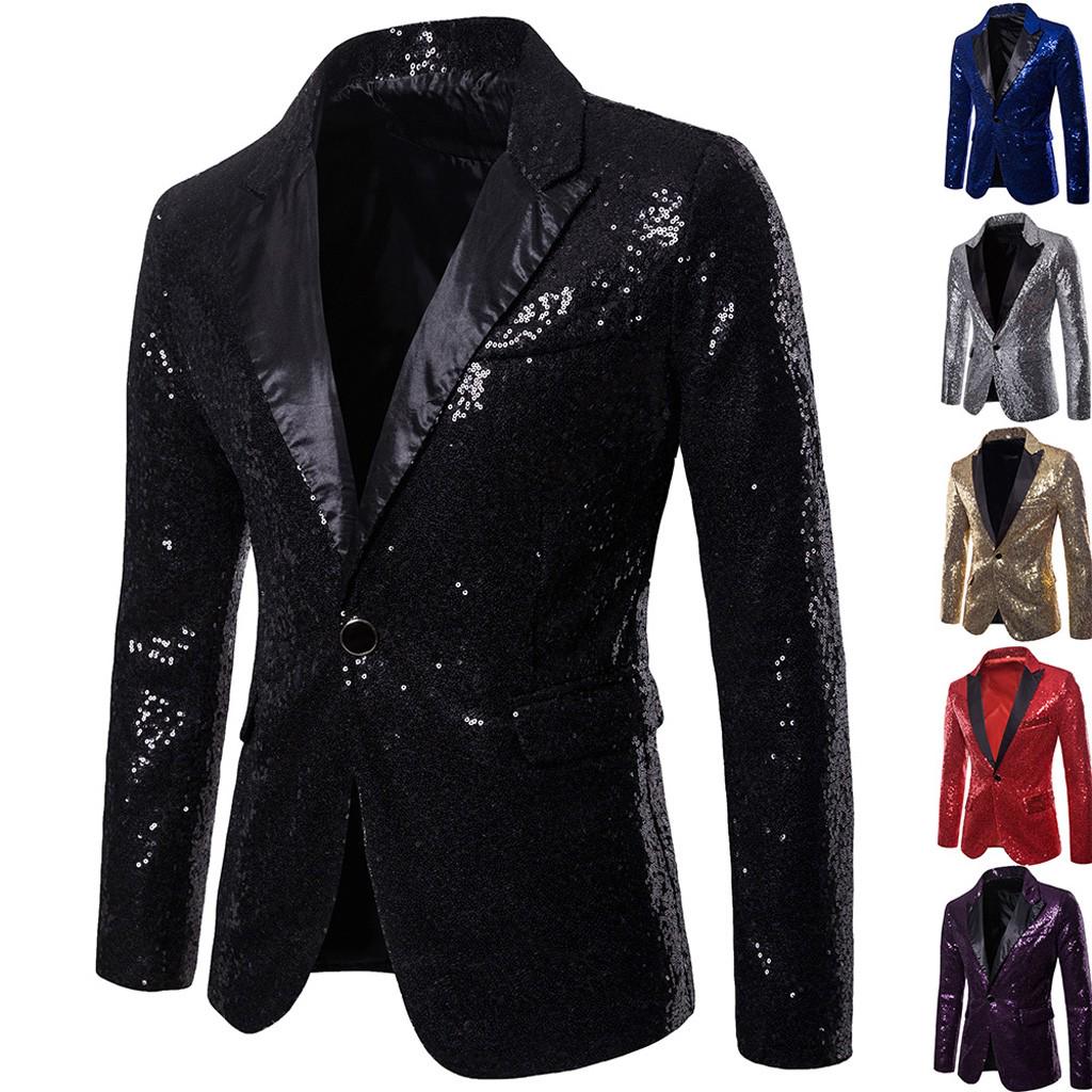 Charm Men's Casual One Button  Fit Suit  Coat Jacket Sequin Party Top
