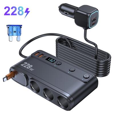 228W Car Charger Adapter 9 In 1 PD 3 Socket Cigarette Lighter Splitter Charge Independent Switches 12V 24V Fast Charger