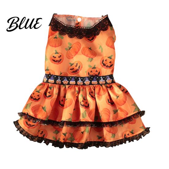 Autumn Pet Clothing Halloween Pumpkin Dog Dress Black Lace Neck Outfit Ruffled Comfortable Apparel Festive Party Costume