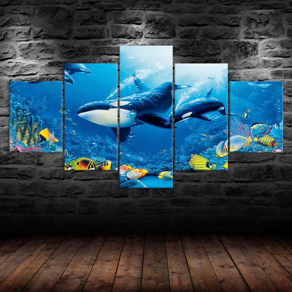 Whale Goldfish Deep Blue Ocean Scenery 5 Piece Five Panel Wall Canvas Print Modern Art Poster Picture Home Decor Gift For Him Her