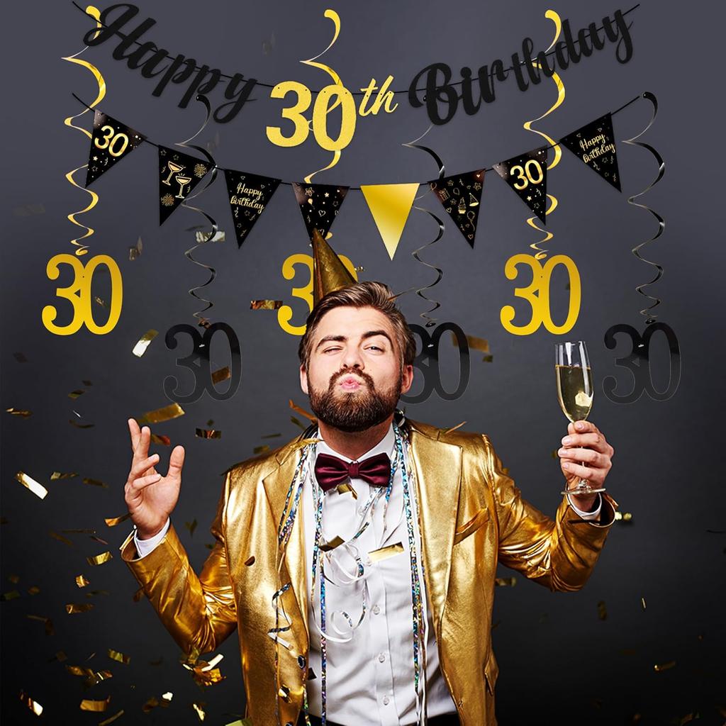 30th Birthday Decorations for Him Pre Assembled Black Gold Happy 30th Birthday Banner, Hanging Swirls and Table Honeycombs Centerpieces for Men 30th