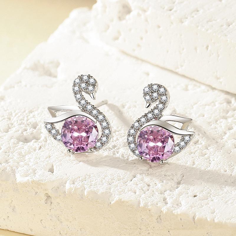 2026 Exquisite Fashion Light Luxury Micro-inlaid Zircon Three-color Swan Set Earrings Niche Simple and Versatile Super Flash Earrings