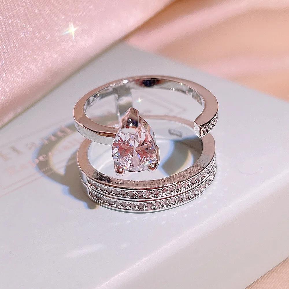 New Wide Sterling Silver Finger Rings for Women Water Drop 5A Cubic Zircon Ring Carve  Female Party  Anillos Mujer