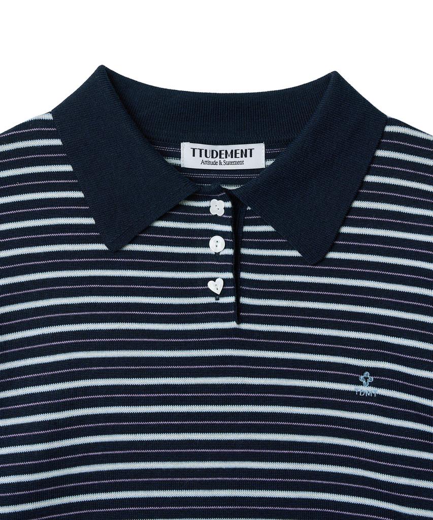 Tudument Stripe Long Sleeve Polo Knit_Navy