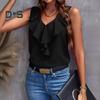 Colete feminino cor sólida decote em V babados acabamento sem mangas blusa solta ajuste verão pulôver tops uso diário