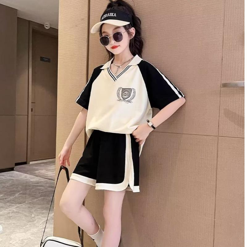 Summer Clothes Set for Children Girls Fashion V Neck T-shirts and Shorts 2pcs Suit Teenage Lapel Top Bottom Outfits Tracksuits