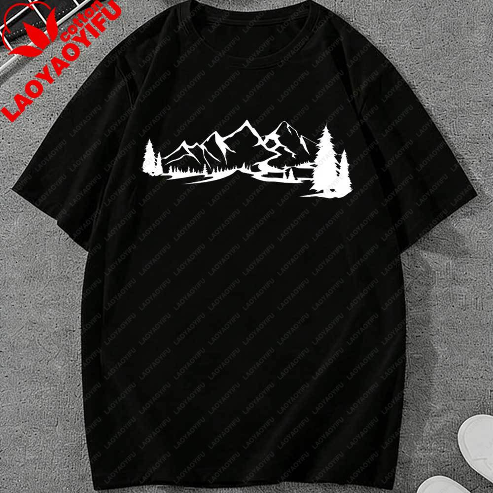 

Minimalist Mountain Forest River Landscape TShirt Nature Graphic Tee Oversized Cotton Casual Top Hiking Camping Outdoor Lovers S