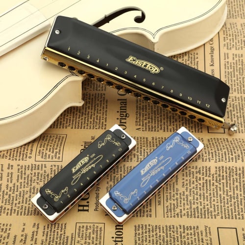 East Top 10-Hole Blues Harmonica In F Key, 20 Tones, Brass Cover, Canvas Case, and Cleaning Cloth, Ideal for Beginners and Professionals, Studying, an