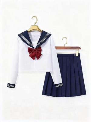 Marineblau & Weiß JK Dreiteilige Uniform: Grundlegendes Matrosenanzug-Set mit mittellangem Faltenrock