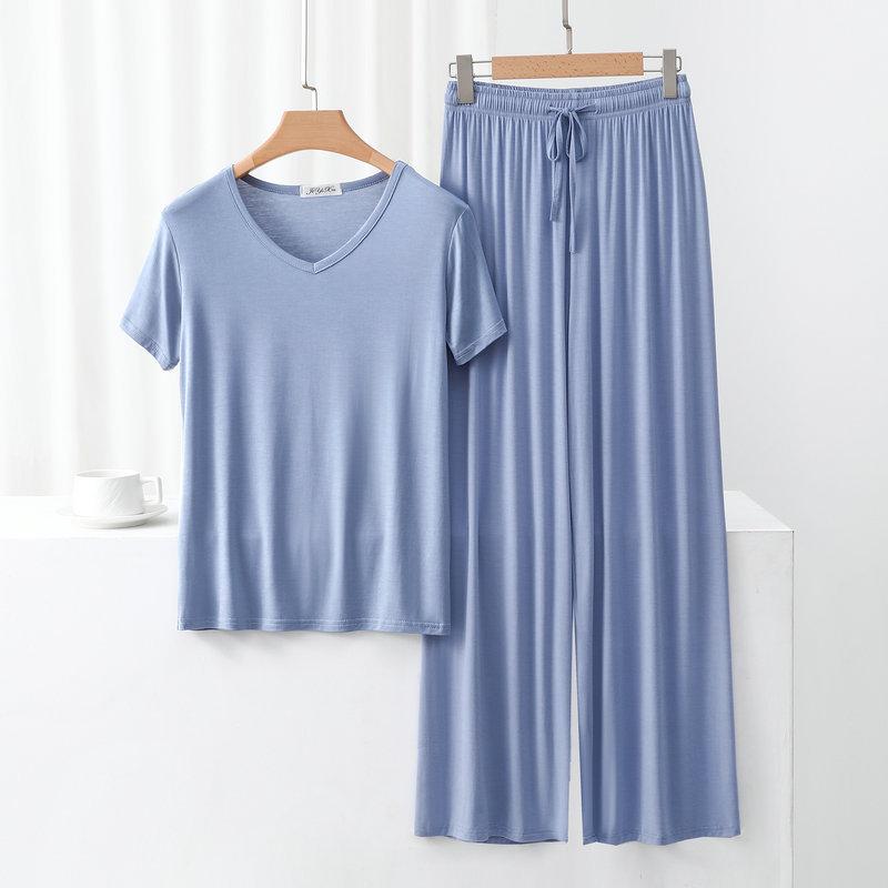Modal Homewear 2pcs Pajamas Set Short Sleeve Tops and Trousers Solid Color Casual Loose Sleepwear Suit Plus Size Nightwear