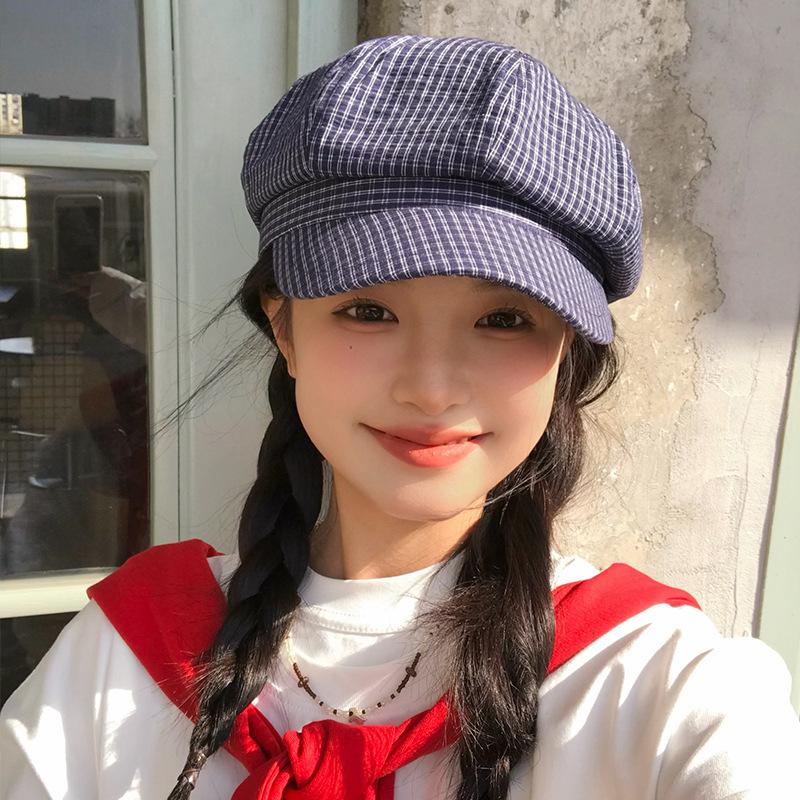 Blue Plaid Korean Octagonal Hat Spring And Summer Thin Versatile Face Ducktongue Beret Casual Hat