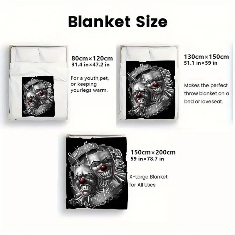 Laughing Crying Clown Face 2D Flat Pattern Flannel Blanket High quality All Seasons Warmth and Comfort Perfect for Christmas Gifts.