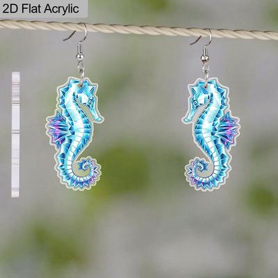 2D Flat Beach Seahorse Acrylic Earrings for Women Cute Acrylic Seahorse Dangle Drop Earring Lightweight Ocean Themed Jewelry Vacation Style