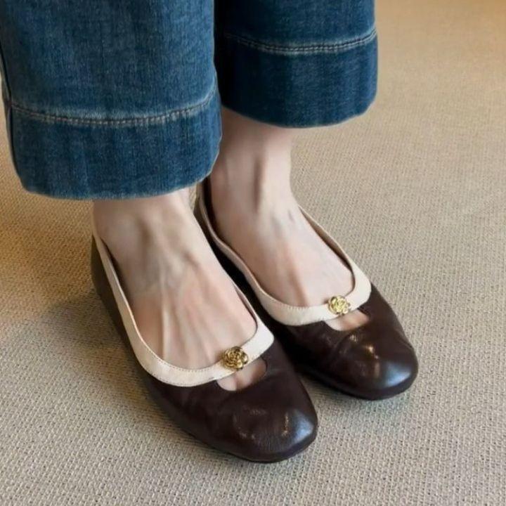 Autumn retro camellia one-pedal Mary Jane's new round-headed commuting light-mouth single shoes