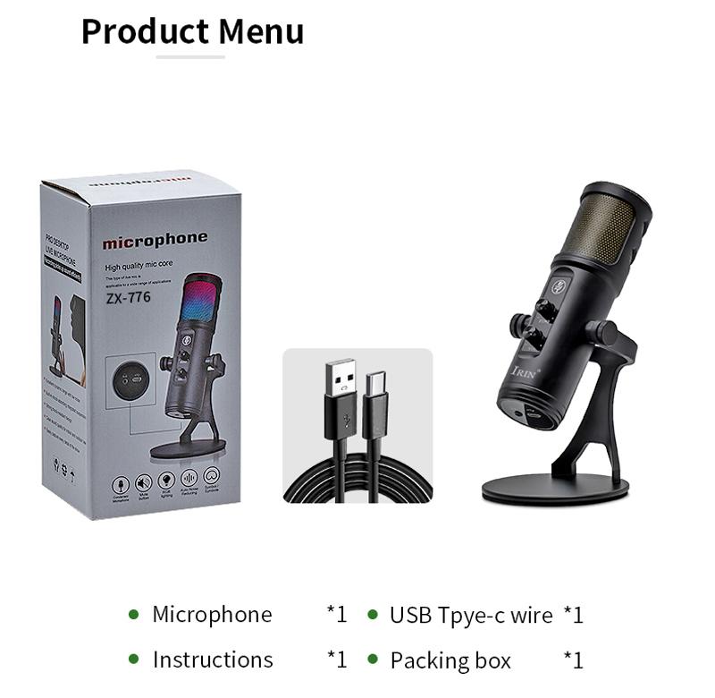 ZX-776 Professional Streaming Microphone with Touch Panel RGB Atmosphere Light for Live Gaming Streaming Podcast Recording