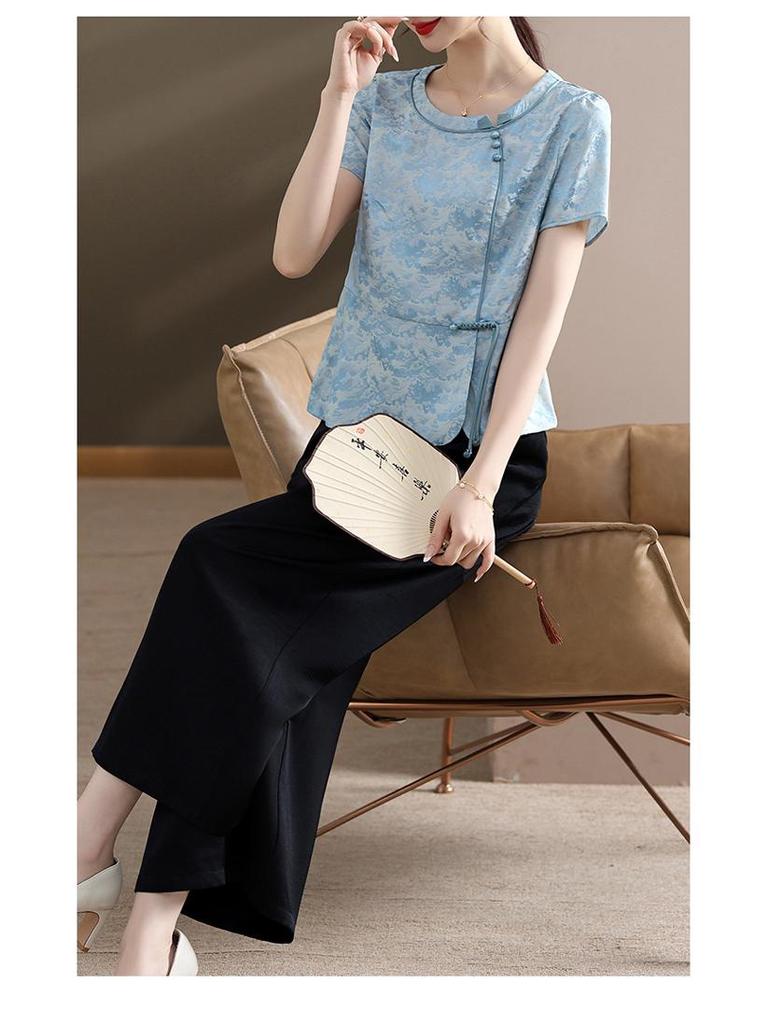 Mom's Summer Short Sleeve Chinese-Style Set: Blouse + Wide-Leg Pants for Middle-Aged and Elderly Women