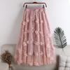 Women Korean Style Elastic Waist Skirts Embroidery Floral Mesh Skirt Long Gauze Ball Gown Mid Skirts