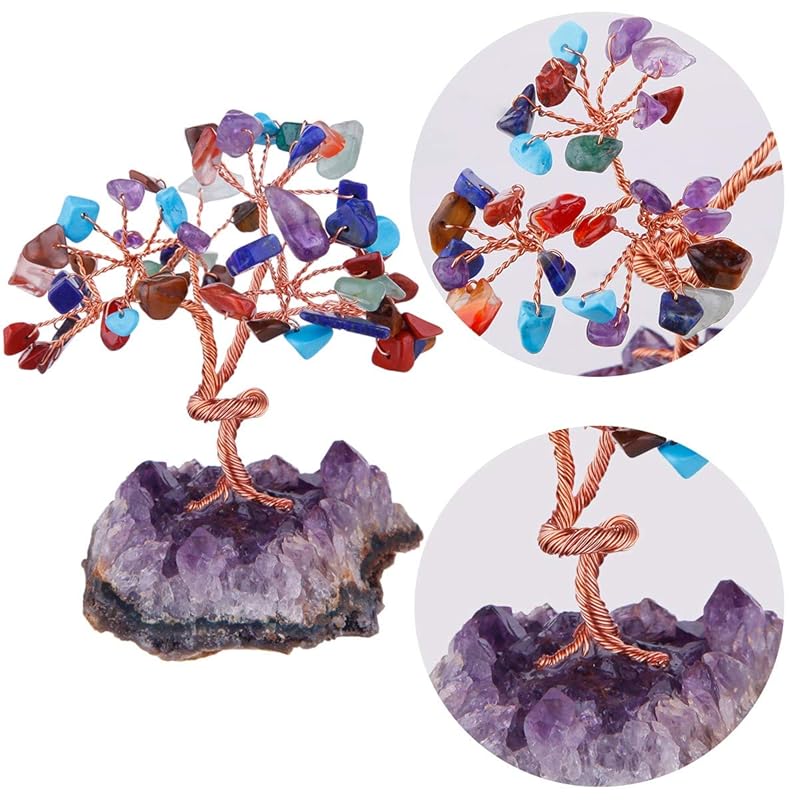 Rockcloud Natural Crystal Tree Stones Chips Money Tree with Amethyst Base Home Decoration for Wealth and Luck, Colorful
