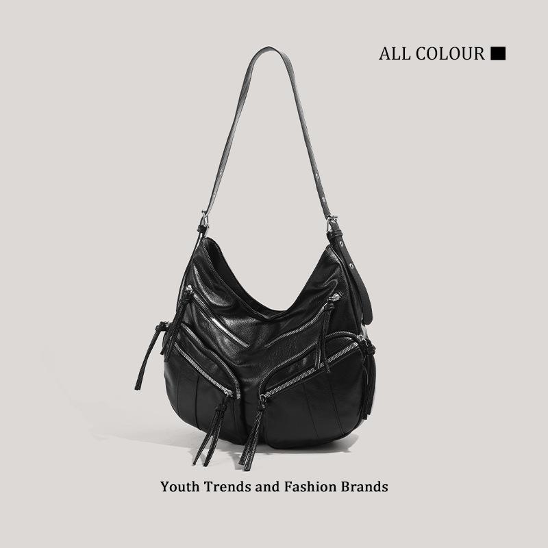 New large-capacity soft leather black multi-pocket locomotive bag women's simple and versatile shoulder messenger bag