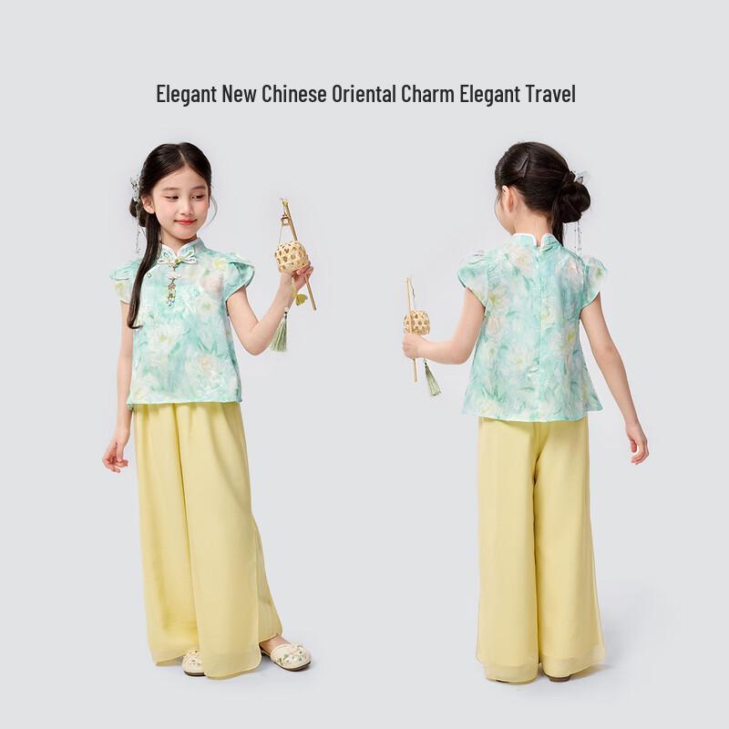 Girls' New Chinese Style Floral Short Sleeve Top