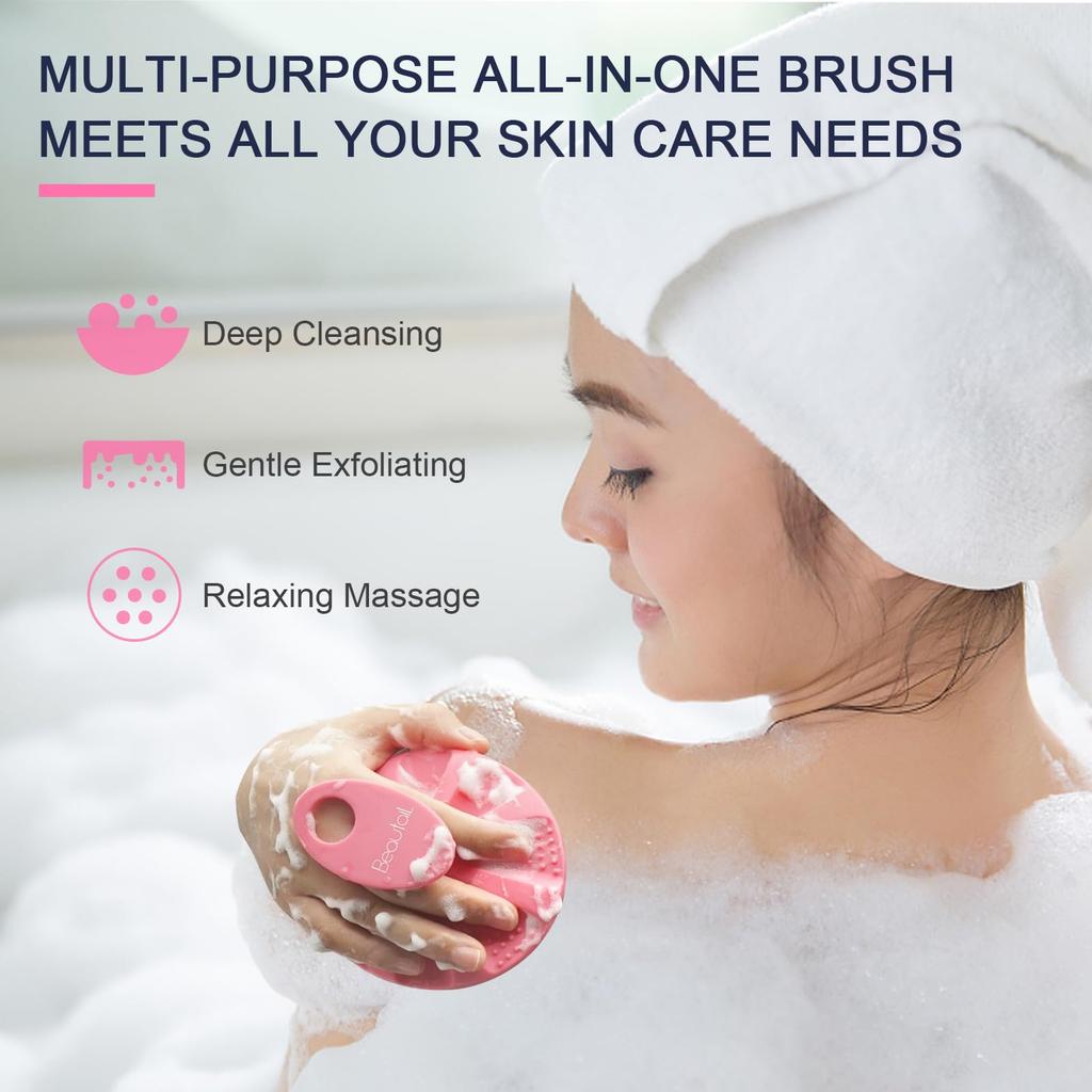BEAUTAIL Silicone Body Scrubber for Shower and Gentle Suitable for and Sensitive Easy High 1 Pink Bath, Exfoliating, Cleansing, Loofah, Women, Men,