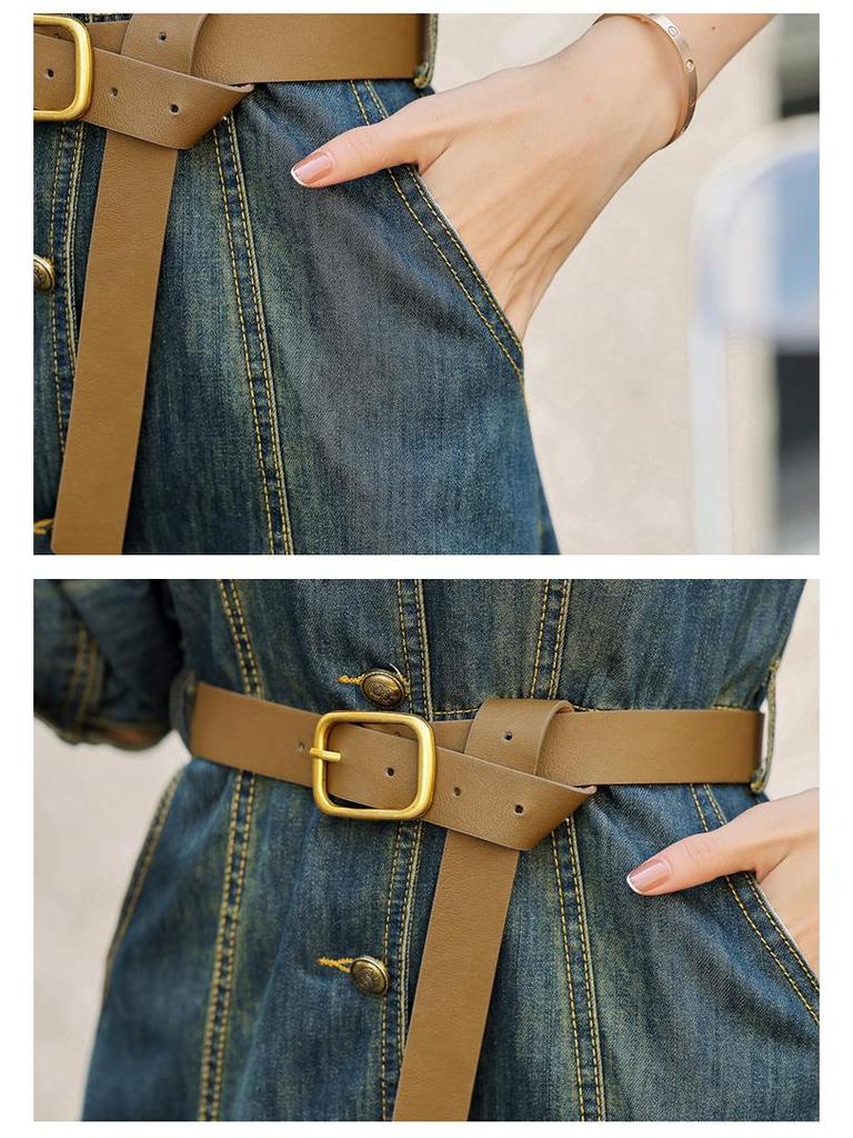 Autumn 2023 Retro Denim A-line Dress: Women's Long Sleeve, Waist-Slimming, Medium Length, Lapel Style