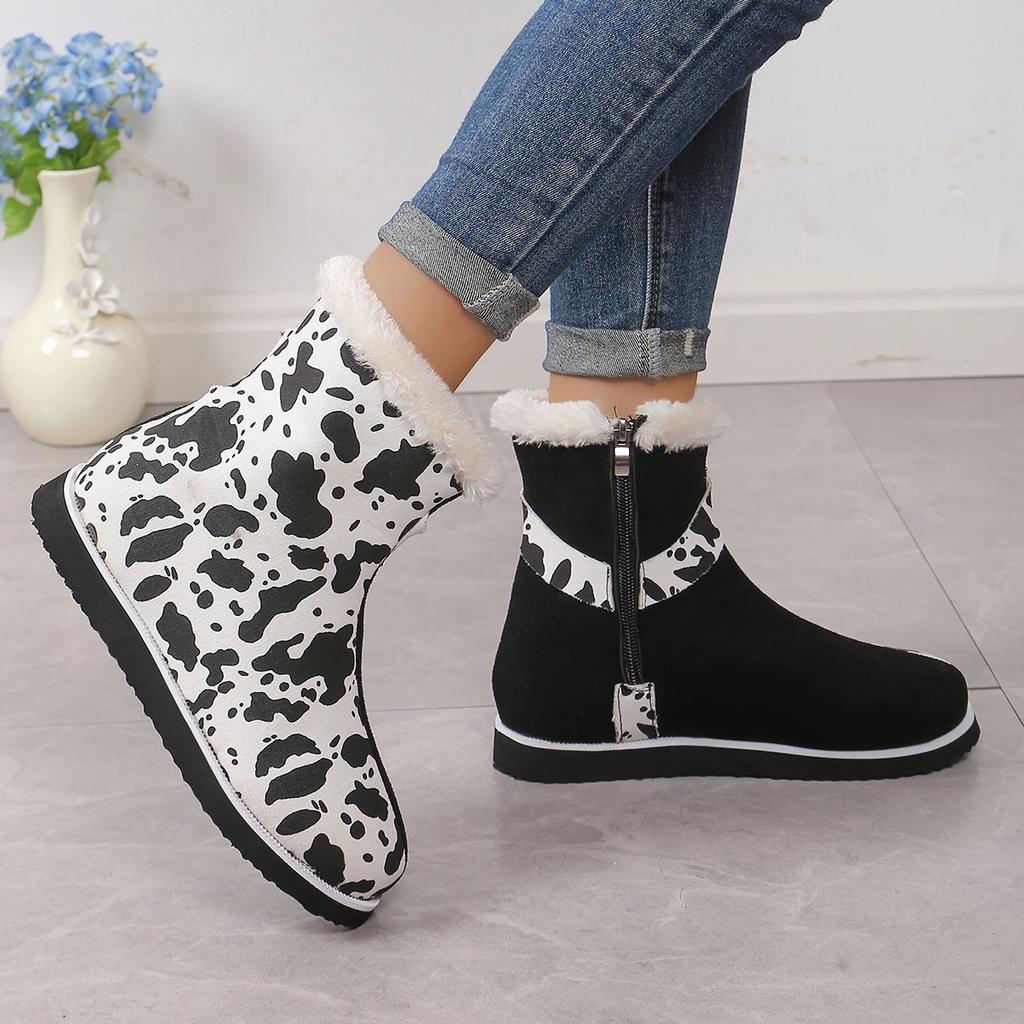 fashion Cow Pattern Short Plush Warm Snow Boots for Women 2024 Winter Zipper Faux Fur Ankle Boots Woman Comfort Flat Heels Cotton Shoes