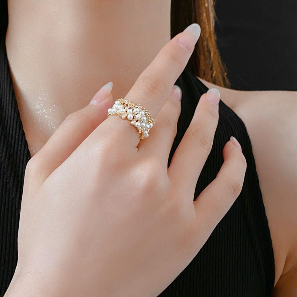 

Irregular Pearl Open Ring Geometry Metal Rings Adjustable Vintage Rings Women срібний