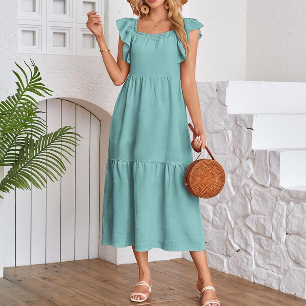 Women's Fashion Loose Fly Sleeve Square Neck Strapless Pleated Splicing Ruffle Hem Dresses
