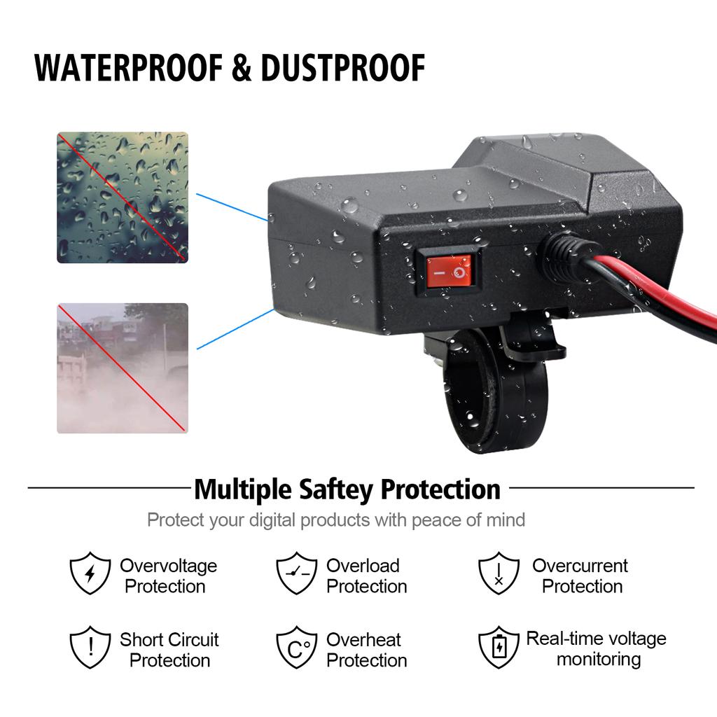 12V 2.1A Motorrad Doppel-USB-Handyladegerät mit Ein-Aus-Schalter & LED-Voltmeter & Zigarettenanzünder, Motorradlenkerklemme, Wasserdicht