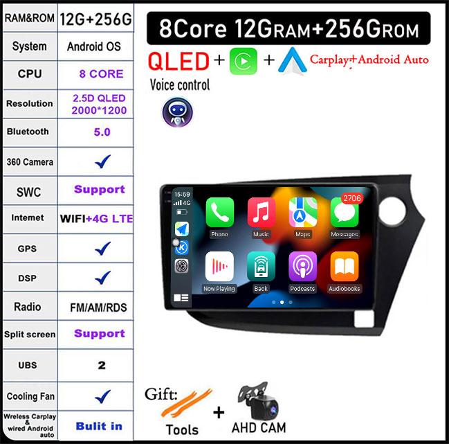 QLED Android 14 For Honda INSIGHT 2 2009-2014 Car Radio Multimedia Player Autoradio DSP Navigation GPS CarPlay Stereo
