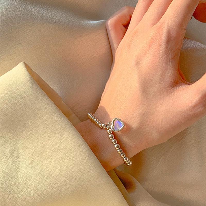 2023 New designedMoonstone Heart Bracelet for Women Metal Beads Silver Chain Bangle Fashion Accessories Jewelry